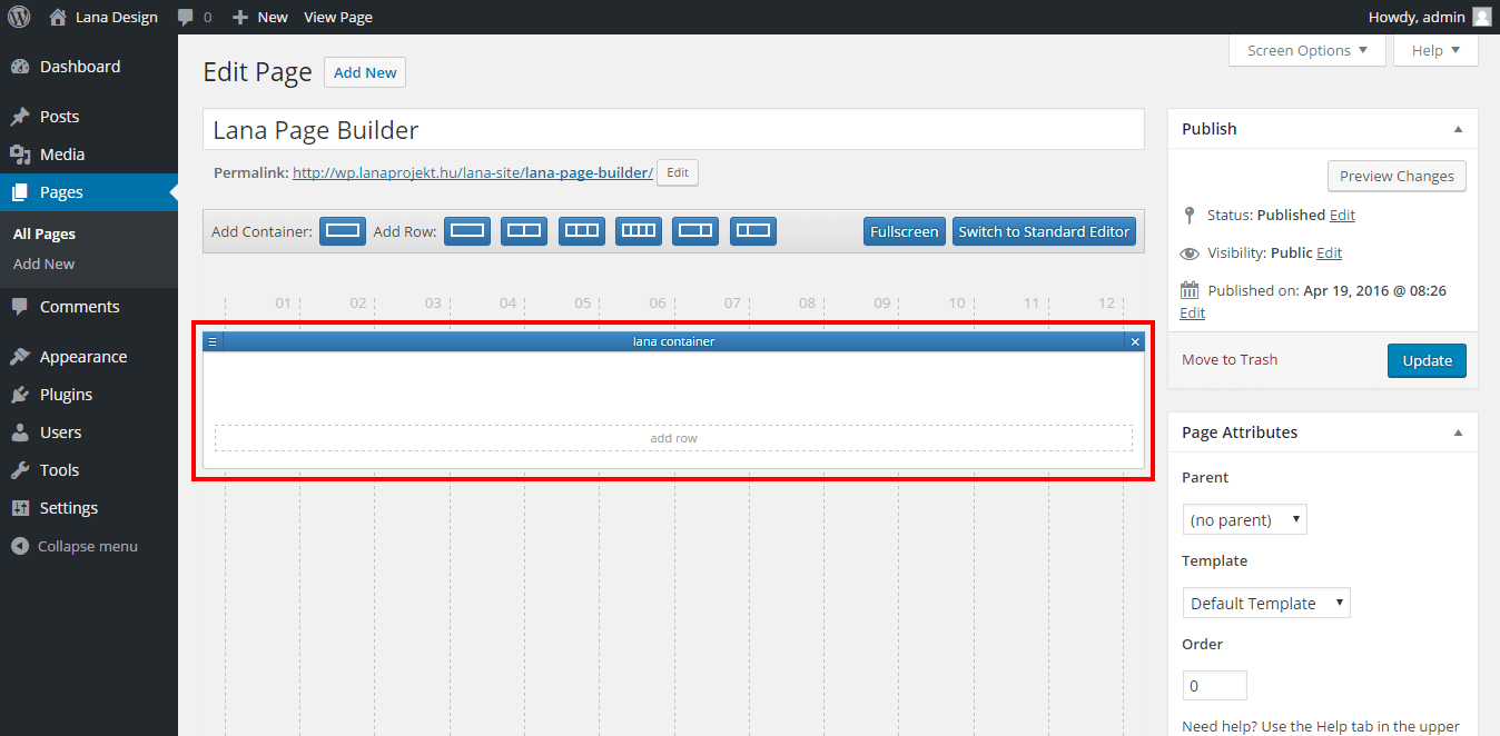 Lana Editor container example in admin