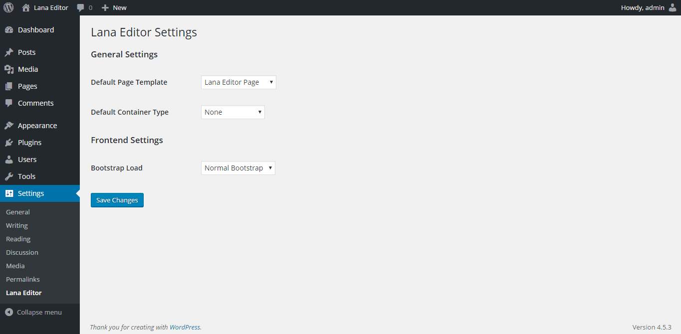 Lana Editor settings in WordPress Settings