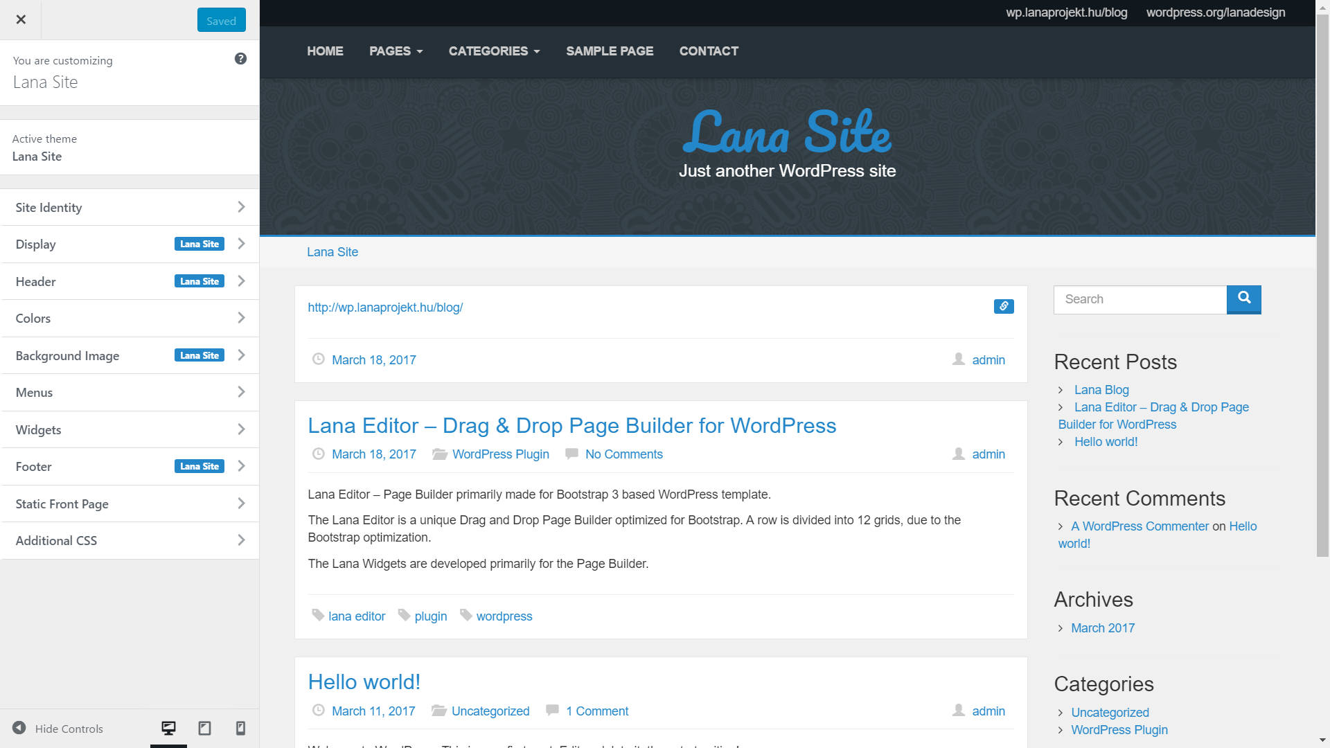Lana Site Customize in WordPress Admin